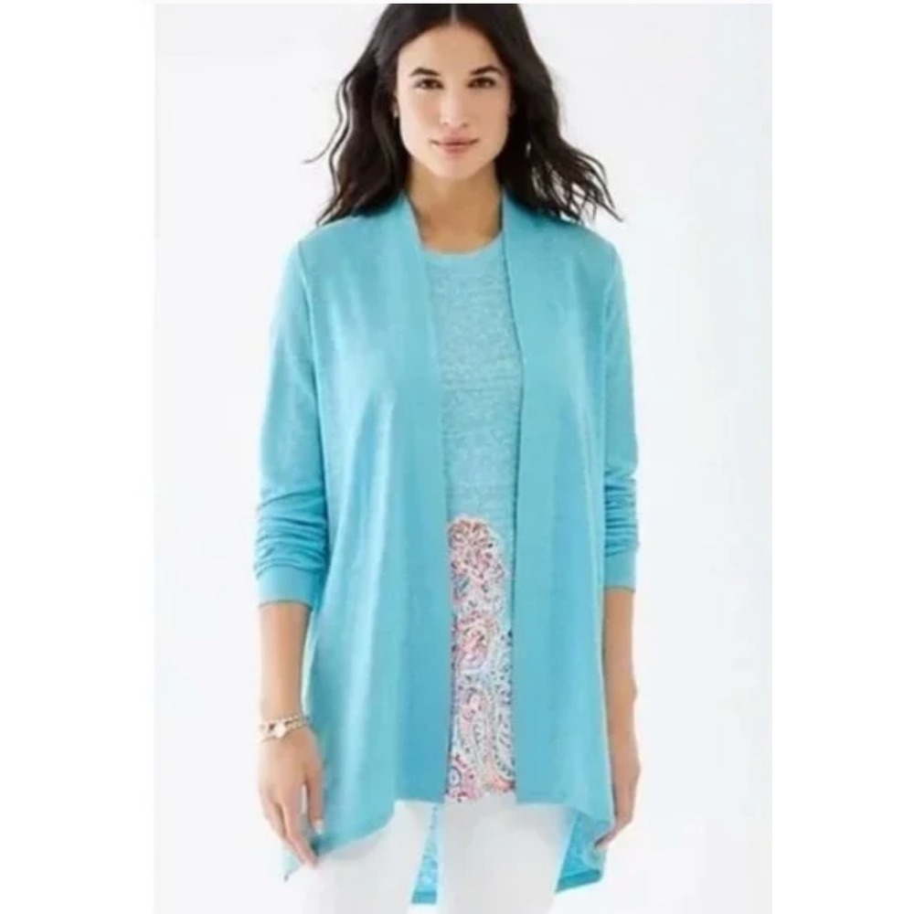 J. Jill Love Linen Blue Open‎ Front Long Sleeve Cardigan Sweater Petite Small